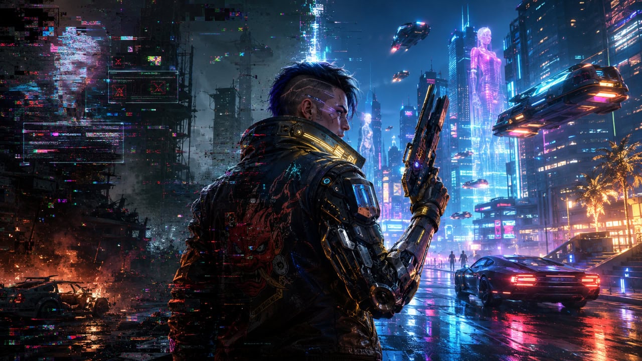 A mercenary with a cybernetic arm overlooks a neon city, half dissolving into digital glitches, representing Cyberpunk 2077's journey from broken launch to polished game